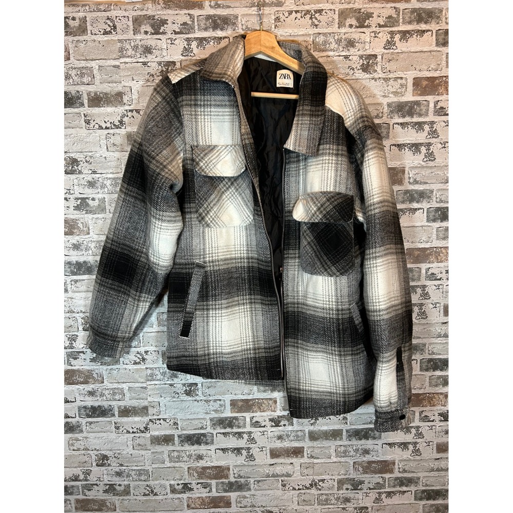 Zara Plaid Shacket Women Large Black White Excellent Quilted Zip Front Flannel
